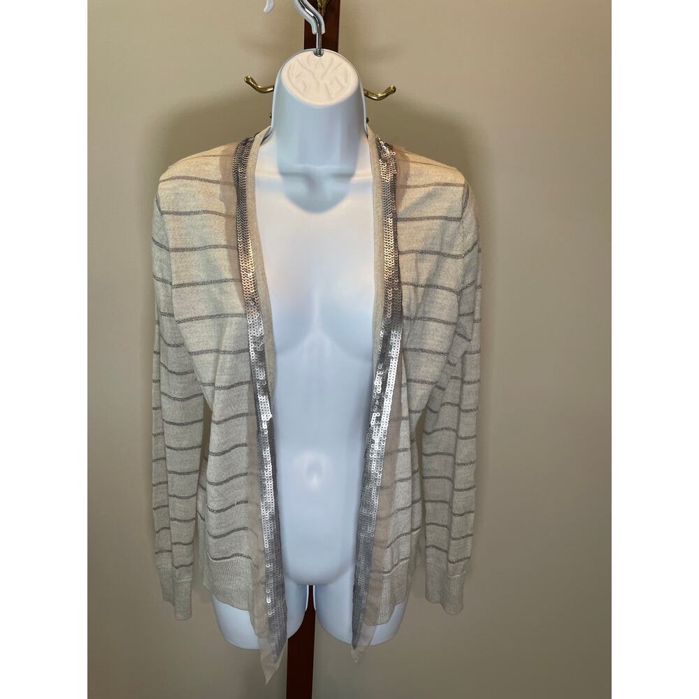 Loft Open Front Cardigan Wool Mohair Blend Light Gray Silver Stripe Sequin Sz M